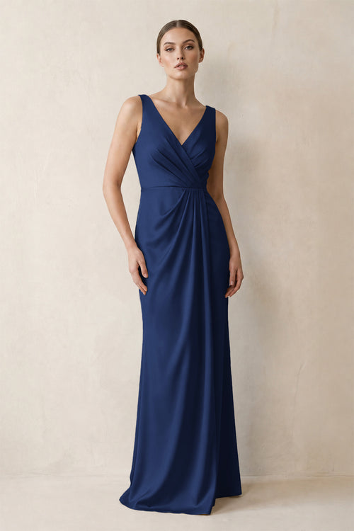 V-Neck Satin Ruched Sheath Bridesmaid Dress in Navy | KISSBRIDAL
