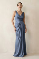 V - Neck Satin Ruched Sheath Bridesmaid Dress in Neptune - KISS BRIDAL Bridesmaid Dresses