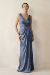 V - Neck Satin Ruched Sheath Bridesmaid Dress in Neptune - KISS BRIDAL Bridesmaid Dresses