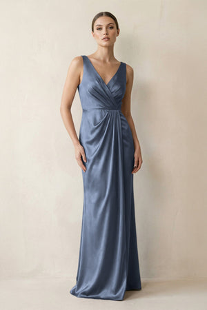 V - Neck Satin Ruched Sheath Bridesmaid Dress in Neptune - KISS BRIDAL Bridesmaid Dresses