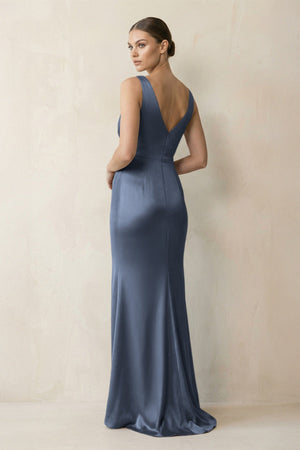 V - Neck Satin Ruched Sheath Bridesmaid Dress in Neptune - KISS BRIDAL Bridesmaid Dresses