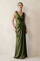 V - Neck Satin Ruched Sheath Bridesmaid Dress in Olive - KISS BRIDAL Bridesmaid Dresses