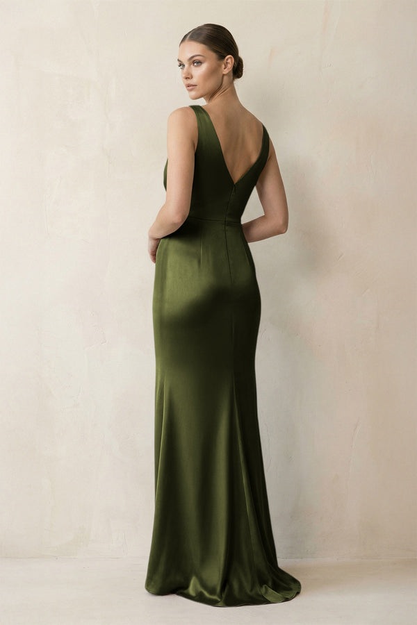 V - Neck Satin Ruched Sheath Bridesmaid Dress in Olive - KISS BRIDAL Bridesmaid Dresses