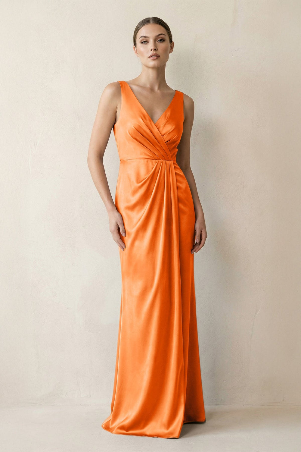 V - Neck Satin Ruched Sheath Bridesmaid Dress in Orange - KISS BRIDAL Bridesmaid Dresses