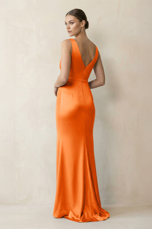 V - Neck Satin Ruched Sheath Bridesmaid Dress in Orange - KISS BRIDAL Bridesmaid Dresses