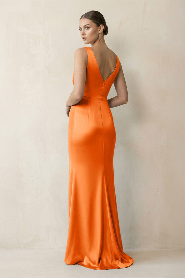 V - Neck Satin Ruched Sheath Bridesmaid Dress in Orange - KISS BRIDAL Bridesmaid Dresses