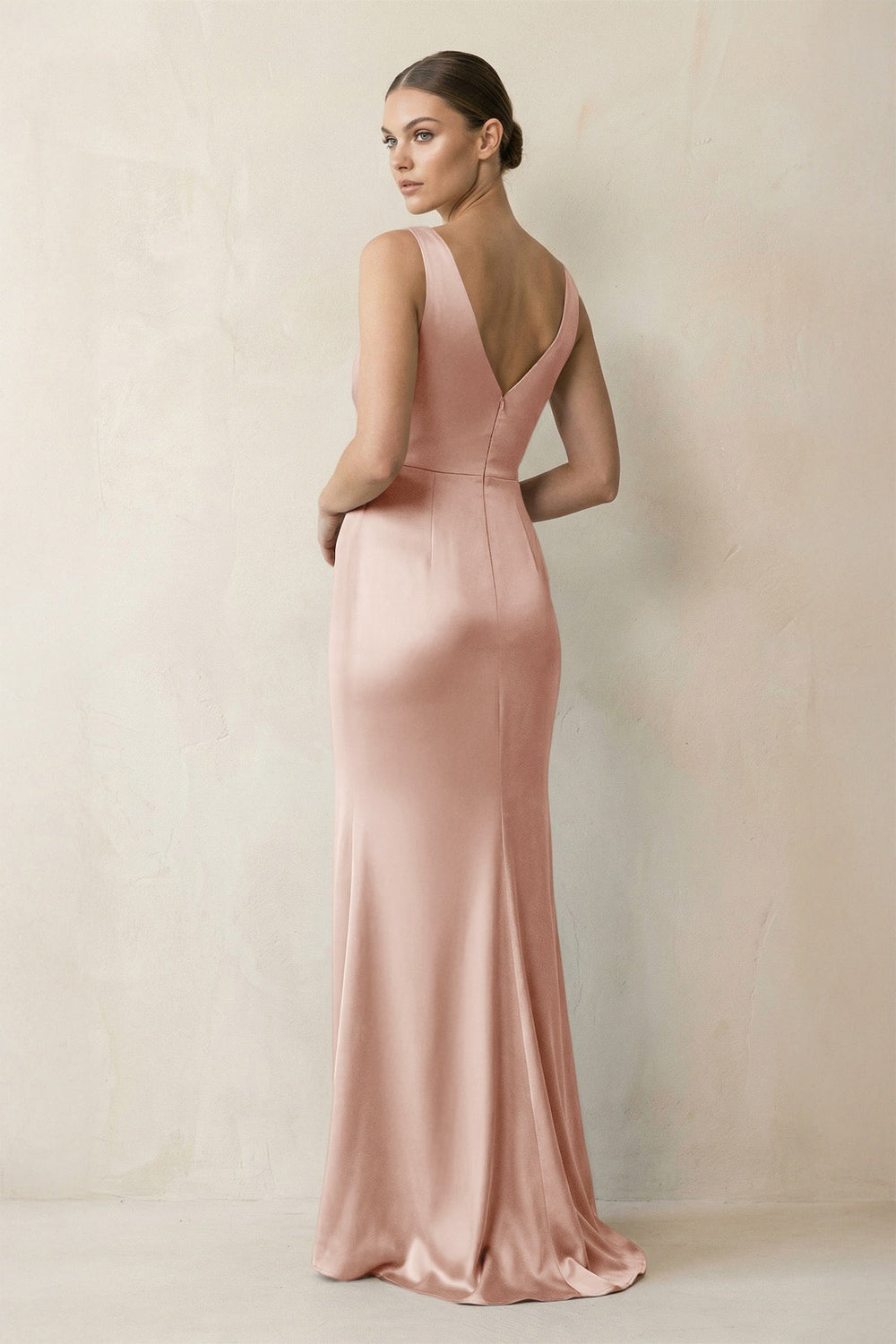V - Neck Satin Ruched Sheath Bridesmaid Dress in Pale Blush - KISS BRIDAL Bridesmaid Dresses