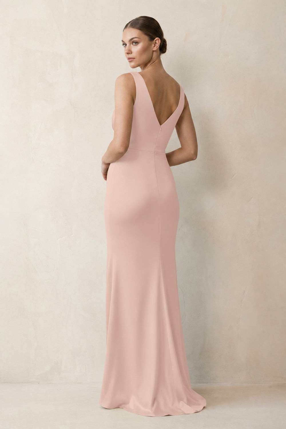 V-Neck Satin Ruched Sheath Bridesmaid Dress in Pale Blush