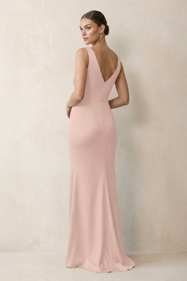 V-Neck Satin Ruched Sheath Bridesmaid Dress in Pale Blush (2) | KISSBRIDAL