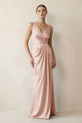 V - Neck Satin Ruched Sheath Bridesmaid Dress in Pale Blush - KISS BRIDAL Bridesmaid Dresses