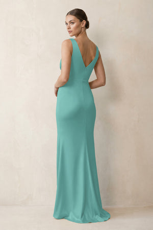 V-Neck Satin Ruched Sheath Bridesmaid Dress in Pale Pistachio (2) | KISSBRIDAL