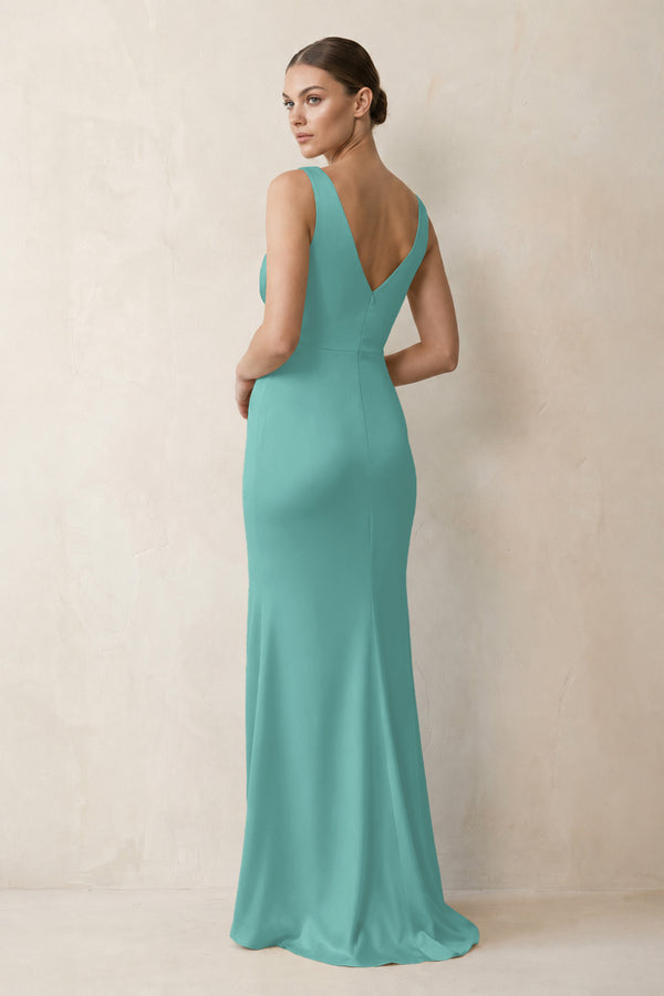 V-Neck Satin Ruched Sheath Bridesmaid Dress in Pale Pistachio (2) | KISSBRIDAL