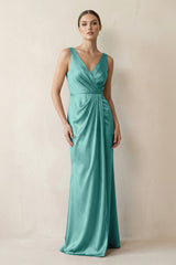 V - Neck Satin Ruched Sheath Bridesmaid Dress in Pale Pistachio - KISS BRIDAL Bridesmaid Dresses