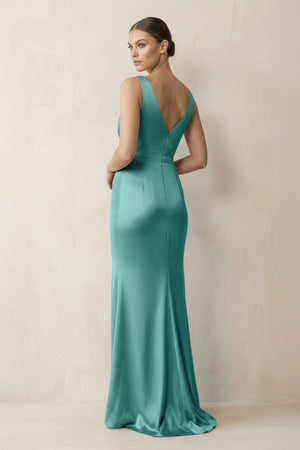 V - Neck Satin Ruched Sheath Bridesmaid Dress in Pale Pistachio - KISS BRIDAL Bridesmaid Dresses