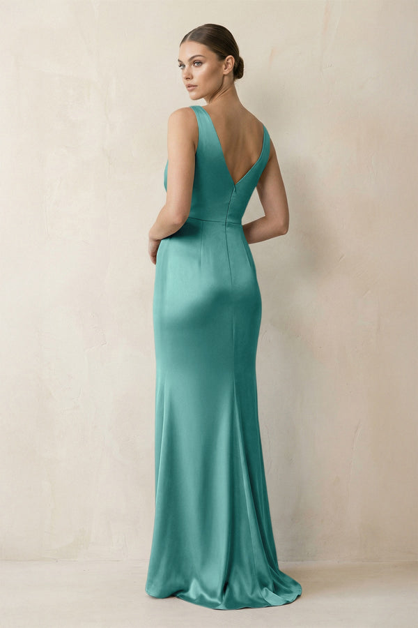 V - Neck Satin Ruched Sheath Bridesmaid Dress in Pale Pistachio - KISS BRIDAL Bridesmaid Dresses