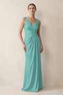 V-Neck Satin Ruched Sheath Bridesmaid Dress in Pale Pistachio | KISSBRIDAL