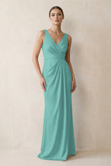 V-Neck Satin Ruched Sheath Bridesmaid Dress in Pale Pistachio | KISSBRIDAL