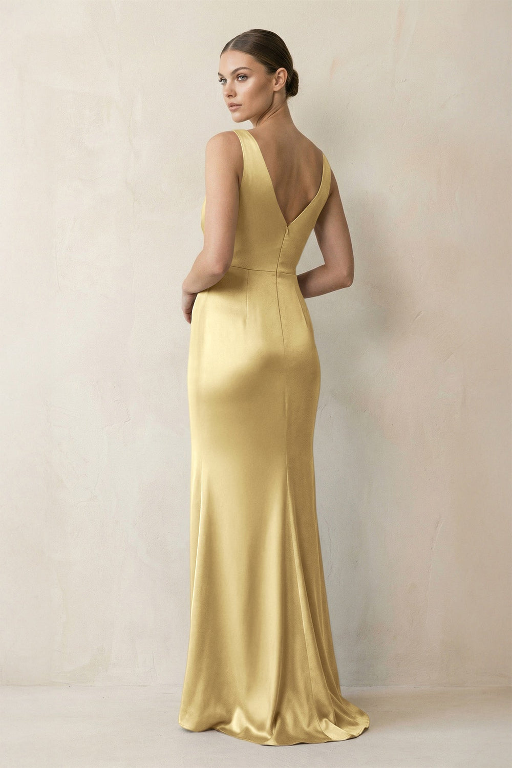 V - Neck Satin Ruched Sheath Bridesmaid Dress in Pastel Yellow - KISS BRIDAL Bridesmaid Dresses