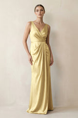 V - Neck Satin Ruched Sheath Bridesmaid Dress in Pastel Yellow - KISS BRIDAL Bridesmaid Dresses