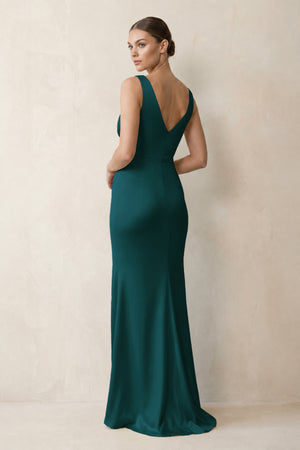 V-Neck Satin Ruched Sheath Bridesmaid Dress in Pine (2) | KISSBRIDAL