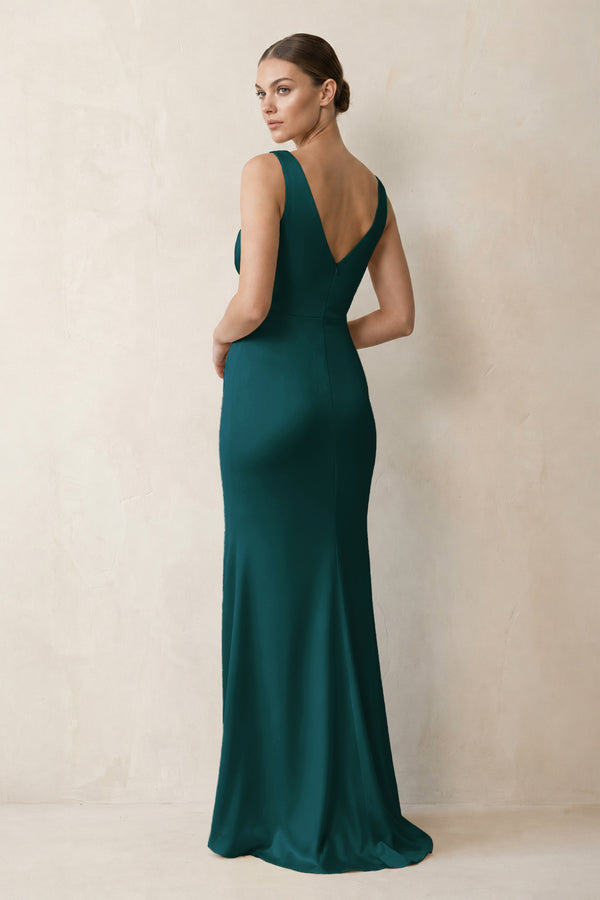 V-Neck Satin Ruched Sheath Bridesmaid Dress in Pine (2) | KISSBRIDAL