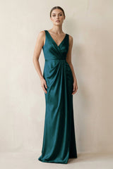 V - Neck Satin Ruched Sheath Bridesmaid Dress in Pine - KISS BRIDAL Bridesmaid Dresses