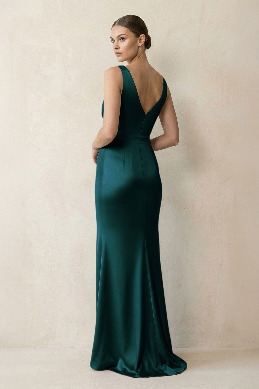 V - Neck Satin Ruched Sheath Bridesmaid Dress in Pine - KISS BRIDAL Bridesmaid Dresses