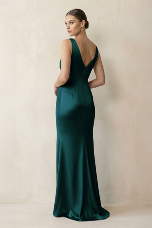 V - Neck Satin Ruched Sheath Bridesmaid Dress in Pine - KISS BRIDAL Bridesmaid Dresses