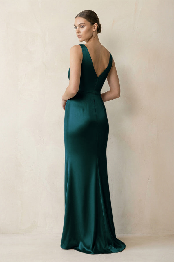 V - Neck Satin Ruched Sheath Bridesmaid Dress in Pine - KISS BRIDAL Bridesmaid Dresses