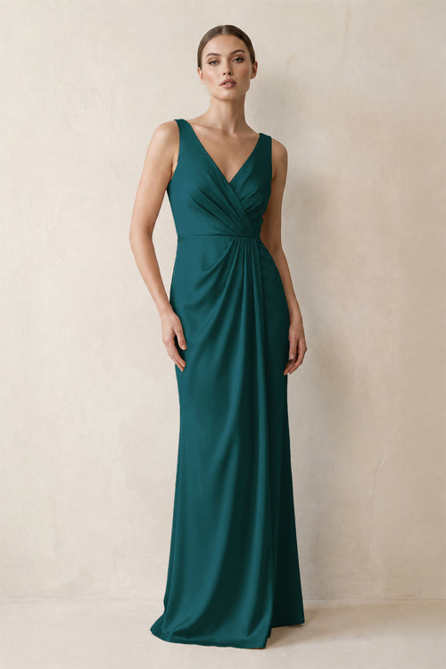 V-Neck Satin Ruched Sheath Bridesmaid Dress in Pine | KISSBRIDAL