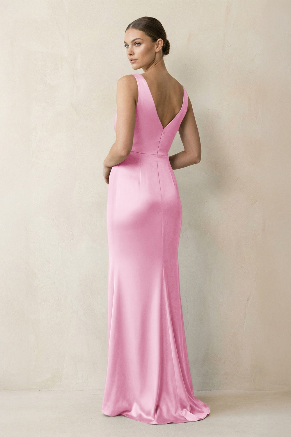 V - Neck Satin Ruched Sheath Bridesmaid Dress in Pink - KISS BRIDAL Bridesmaid Dresses
