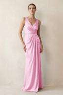 V - Neck Satin Ruched Sheath Bridesmaid Dress in Pink - KISS BRIDAL Bridesmaid Dresses