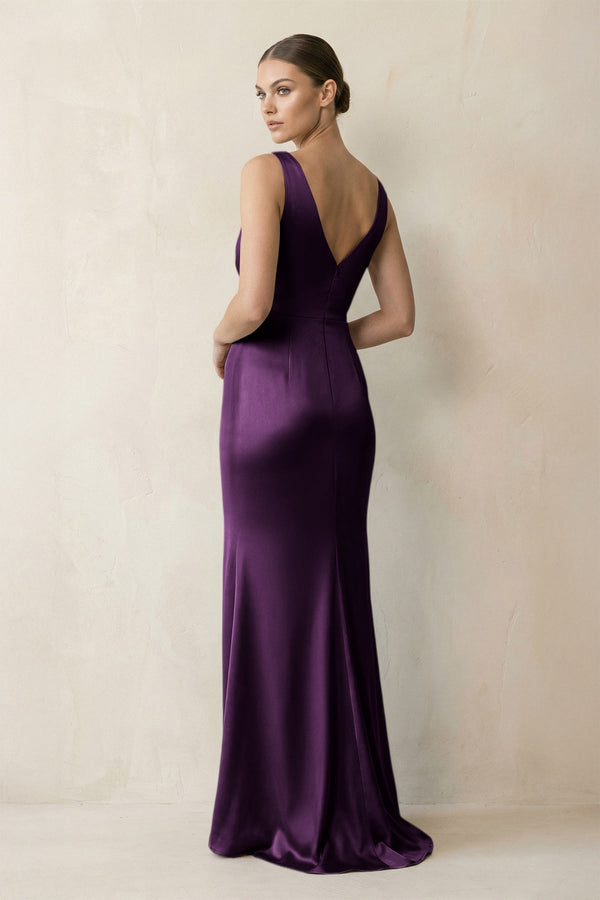 V - Neck Satin Ruched Sheath Bridesmaid Dress in Plum - KISS BRIDAL Bridesmaid Dresses