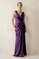 V - Neck Satin Ruched Sheath Bridesmaid Dress in Plum - KISS BRIDAL Bridesmaid Dresses