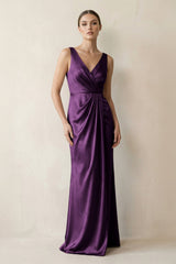 V - Neck Satin Ruched Sheath Bridesmaid Dress in Plum - KISS BRIDAL Bridesmaid Dresses