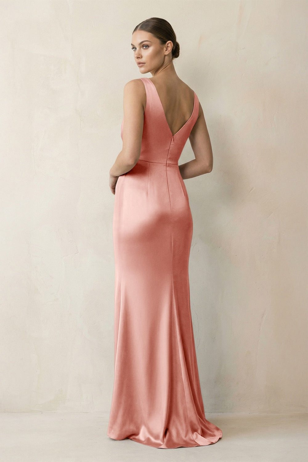V - Neck Satin Ruched Sheath Bridesmaid Dress in Rose Petal - KISS BRIDAL Bridesmaid Dresses