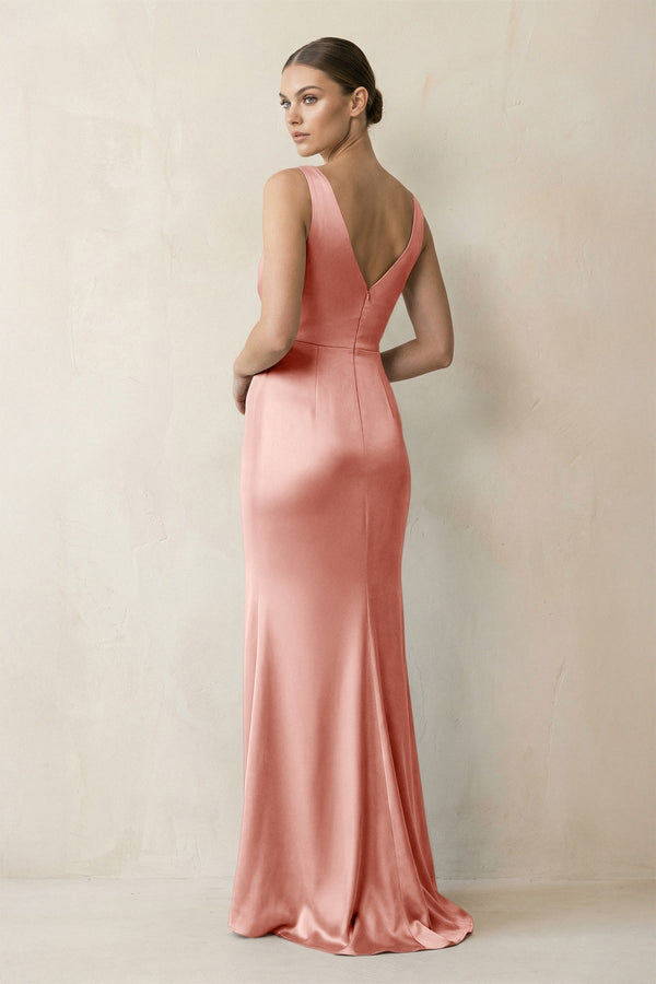 V - Neck Satin Ruched Sheath Bridesmaid Dress in Rose Petal - KISS BRIDAL Bridesmaid Dresses