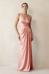 V - Neck Satin Ruched Sheath Bridesmaid Dress in Rose Petal - KISS BRIDAL Bridesmaid Dresses