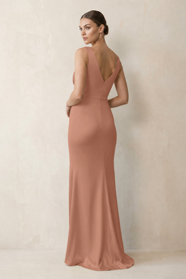 V-Neck Satin Ruched Sheath Bridesmaid Dress in Rosette (2) | KISSBRIDAL