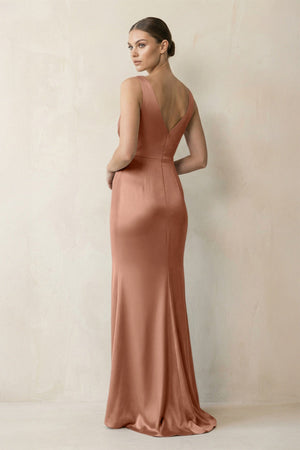 V - Neck Satin Ruched Sheath Bridesmaid Dress in Rosette - KISS BRIDAL Bridesmaid Dresses