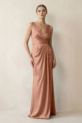 V - Neck Satin Ruched Sheath Bridesmaid Dress in Rosette - KISS BRIDAL Bridesmaid Dresses