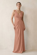 V-Neck Satin Ruched Sheath Bridesmaid Dress in Rosette | KISSBRIDAL