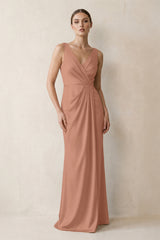 V-Neck Satin Ruched Sheath Bridesmaid Dress in Rosette | KISSBRIDAL