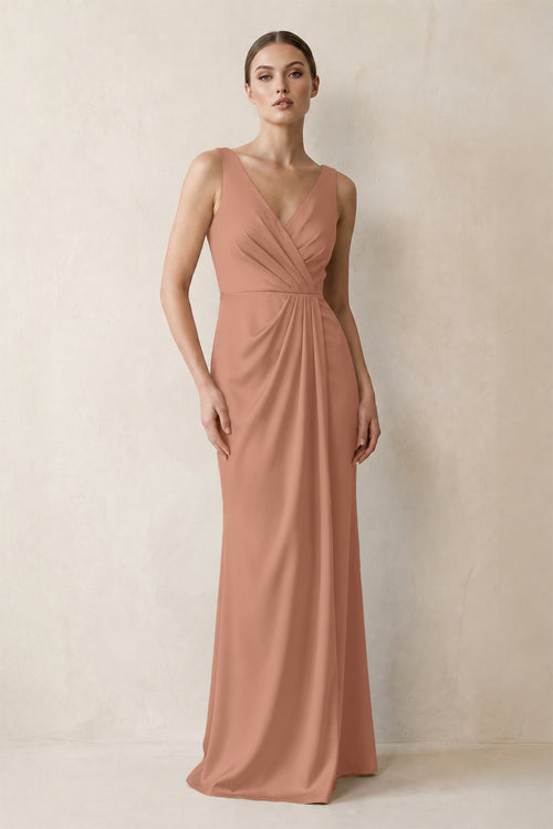V-Neck Satin Ruched Sheath Bridesmaid Dress in Rosette | KISSBRIDAL