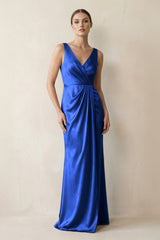 V - Neck Satin Ruched Sheath Bridesmaid Dress in Royal Blue - KISS BRIDAL Bridesmaid Dresses
