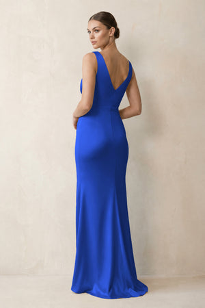 V-Neck Satin Ruched Sheath Bridesmaid Dress in Royal Blue (2) | KISSBRIDAL