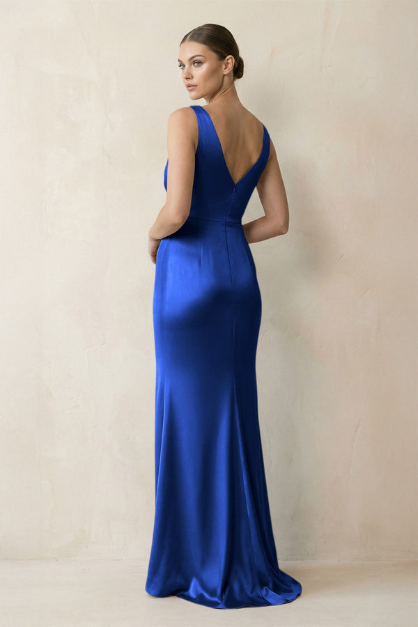 V - Neck Satin Ruched Sheath Bridesmaid Dress in Royal Blue - KISS BRIDAL Bridesmaid Dresses