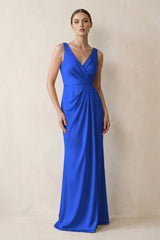 V-Neck Satin Ruched Sheath Bridesmaid Dress in Royal Blue | KISSBRIDAL
