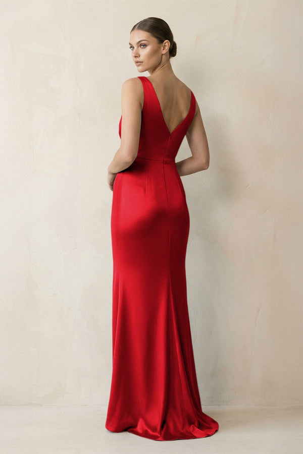 V - Neck Satin Ruched Sheath Bridesmaid Dress in Ruby Red - KISS BRIDAL Bridesmaid Dresses