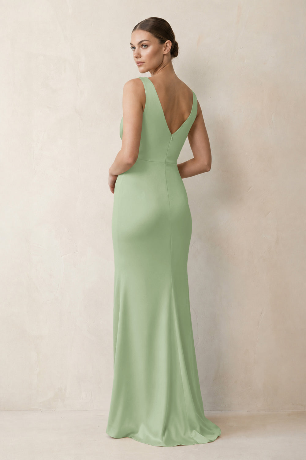 V-Neck Satin Ruched Sheath Bridesmaid Dress in Sage